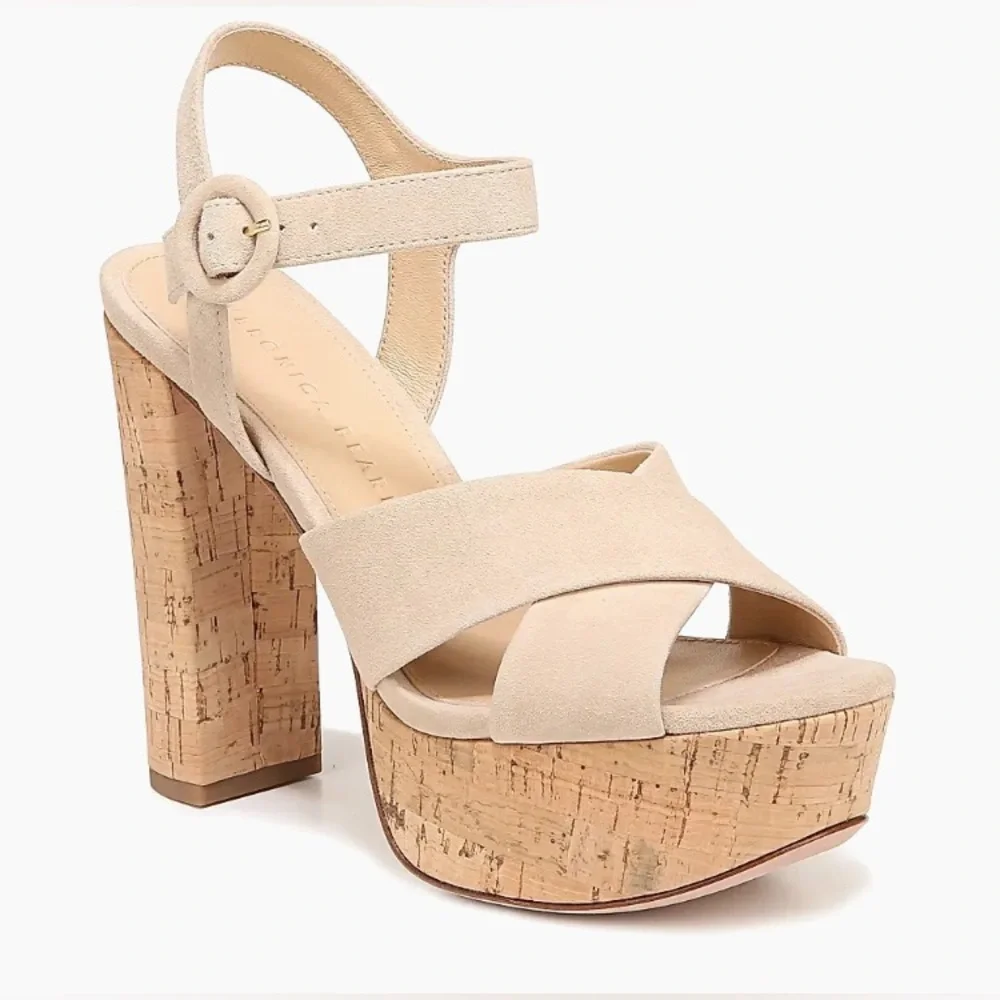 Veronica Beard Cream Suede High Platform Cork Heel Sandals Size 9.5
